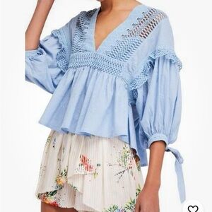 Free People Light Blue Embroidered Top with tie sleeves